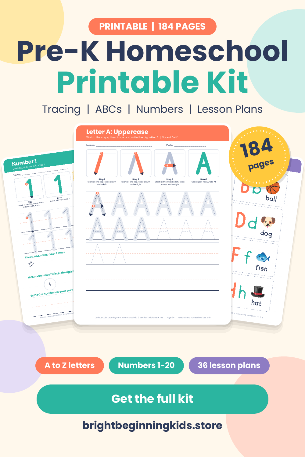 Pre-K Homeschool Printable Kit: Tracing, ABCs, Numbers and 36 Weekly Lesson Plans (184 pages)