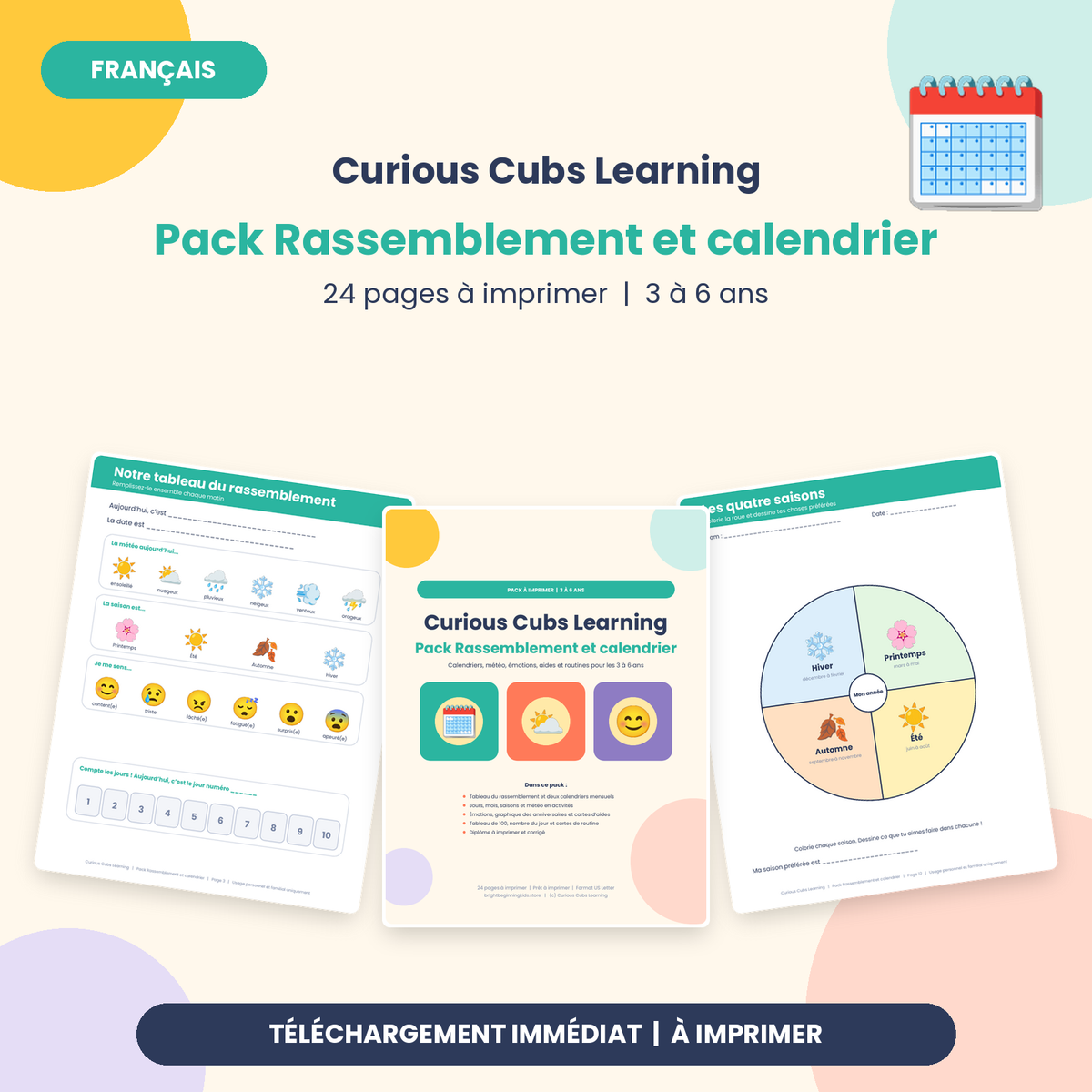 Pack Rassemblement et calendrier à imprimer : routine du matin pour les 3 à 6 ans (24 pages)