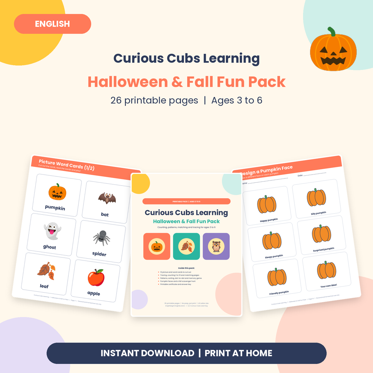 Halloween & Fall Fun Pack: Printable Pre-K Activities for Ages 3 to 6 (26 pages)