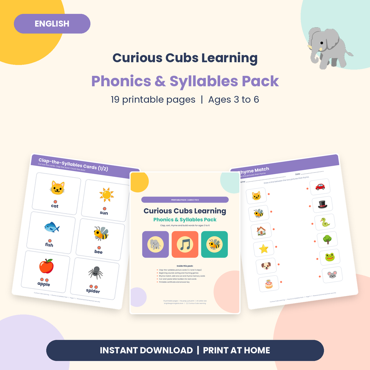 Phonics & Syllables Pack: Printable Rhyming and Sounds Games for Ages 3 to 6 (19 pages)