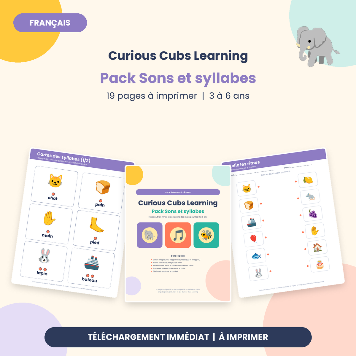 Pack Sons et syllabes à imprimer : rimes et jeux de sons pour les 3 à 6 ans (19 pages)